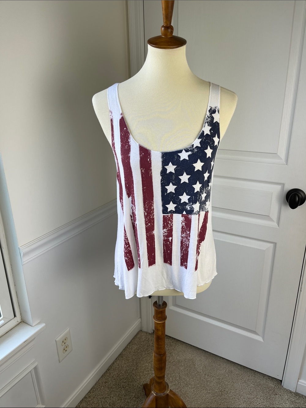 Miss Chievous White Tank Top with Red and Blue American Flag Print
